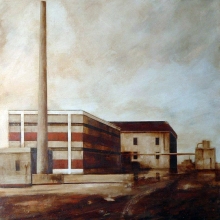 Fábrica abandonada y charcos /mixta sobre tabla montada/ 81 x 81 cm / 2005